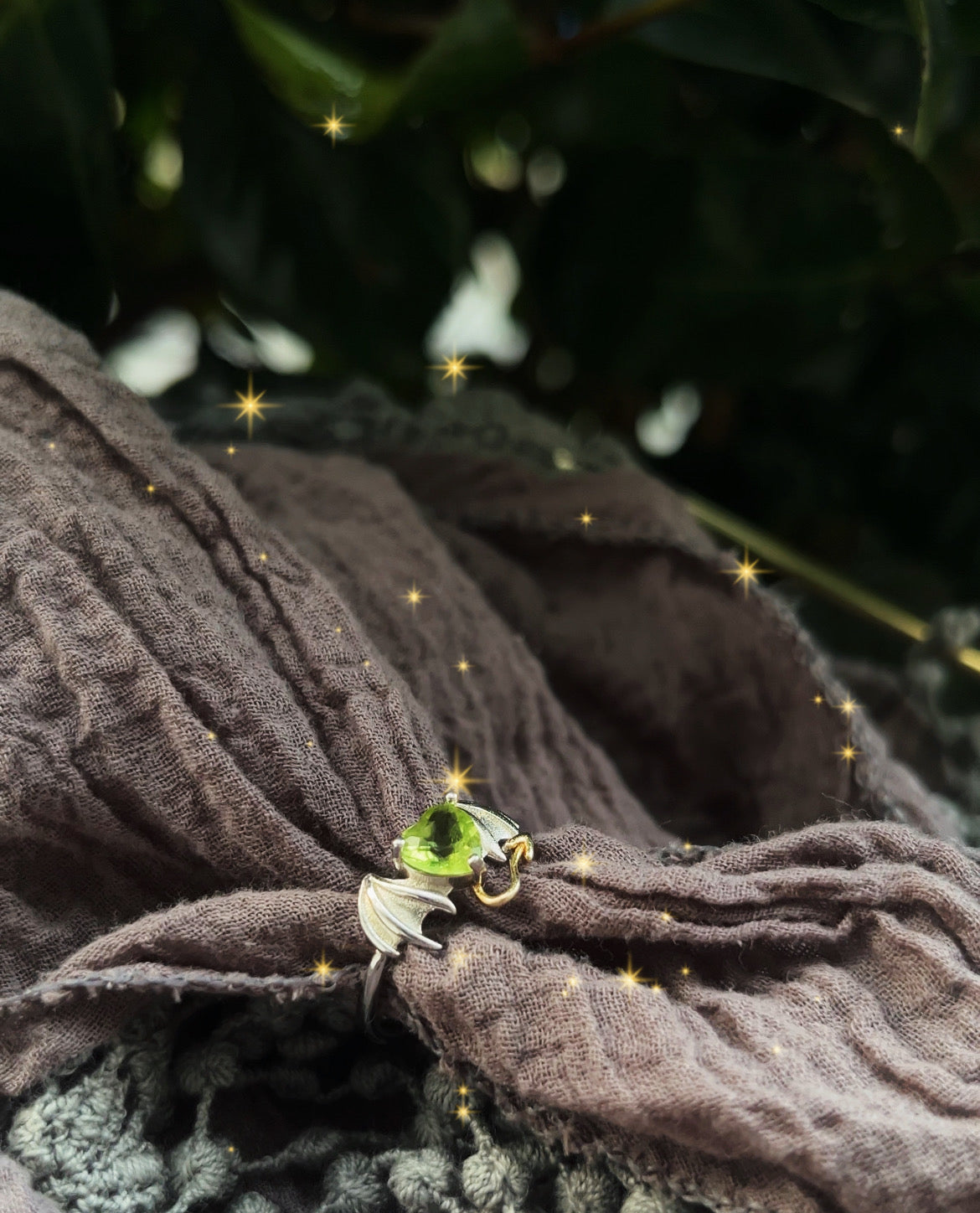 Peridot Heart Bat Ring with Cute Tail Detailing