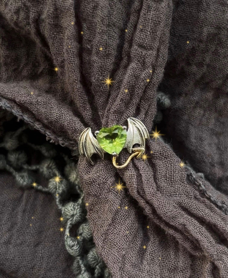 Peridot Heart Bat Ring with Cute Tail Detailing