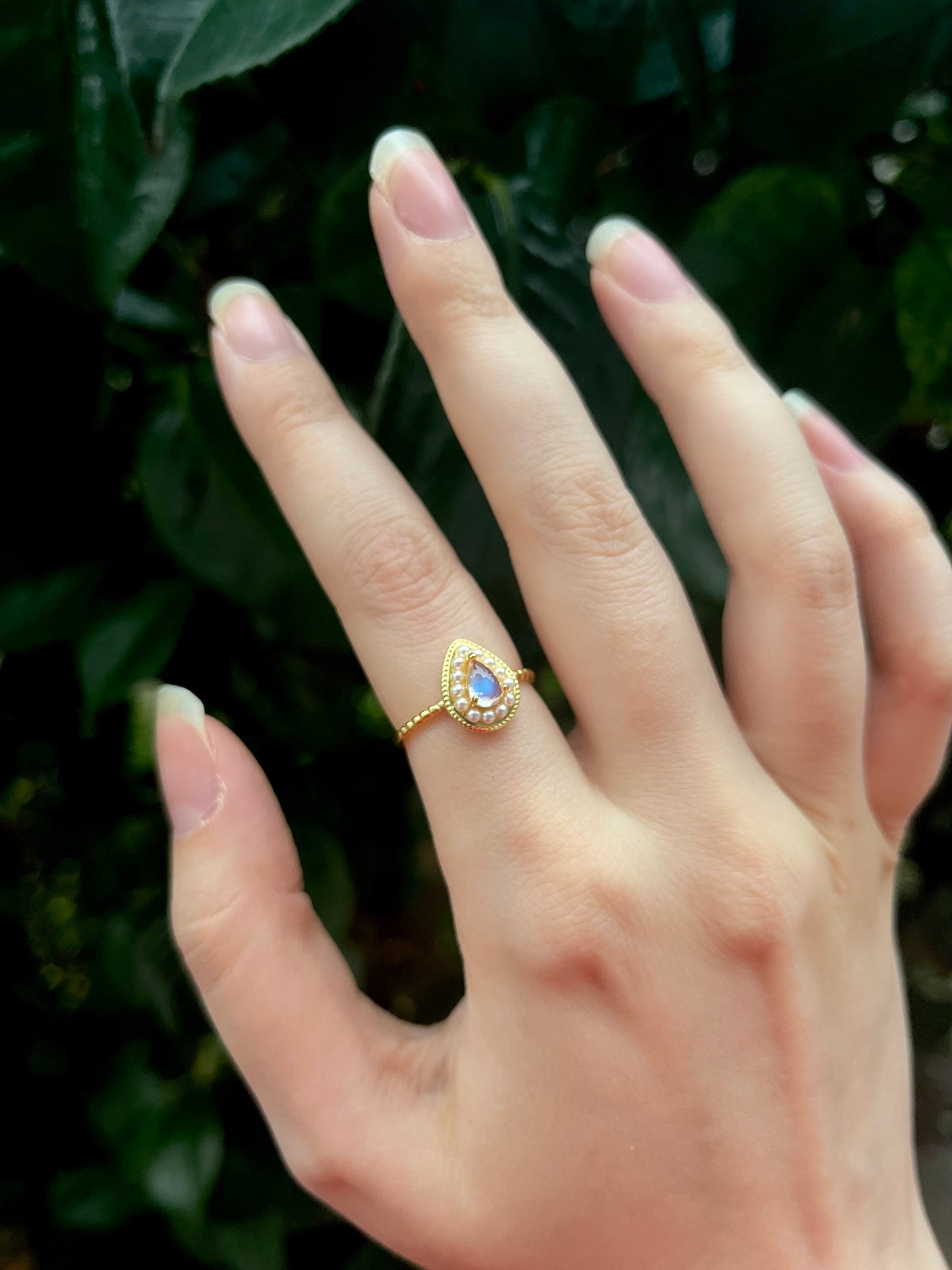 Teardrop Moonstone with faux pearl detailing