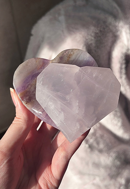 Lavender Rose Quartz Heart & Purple Fluorite Heart Bowl Duo