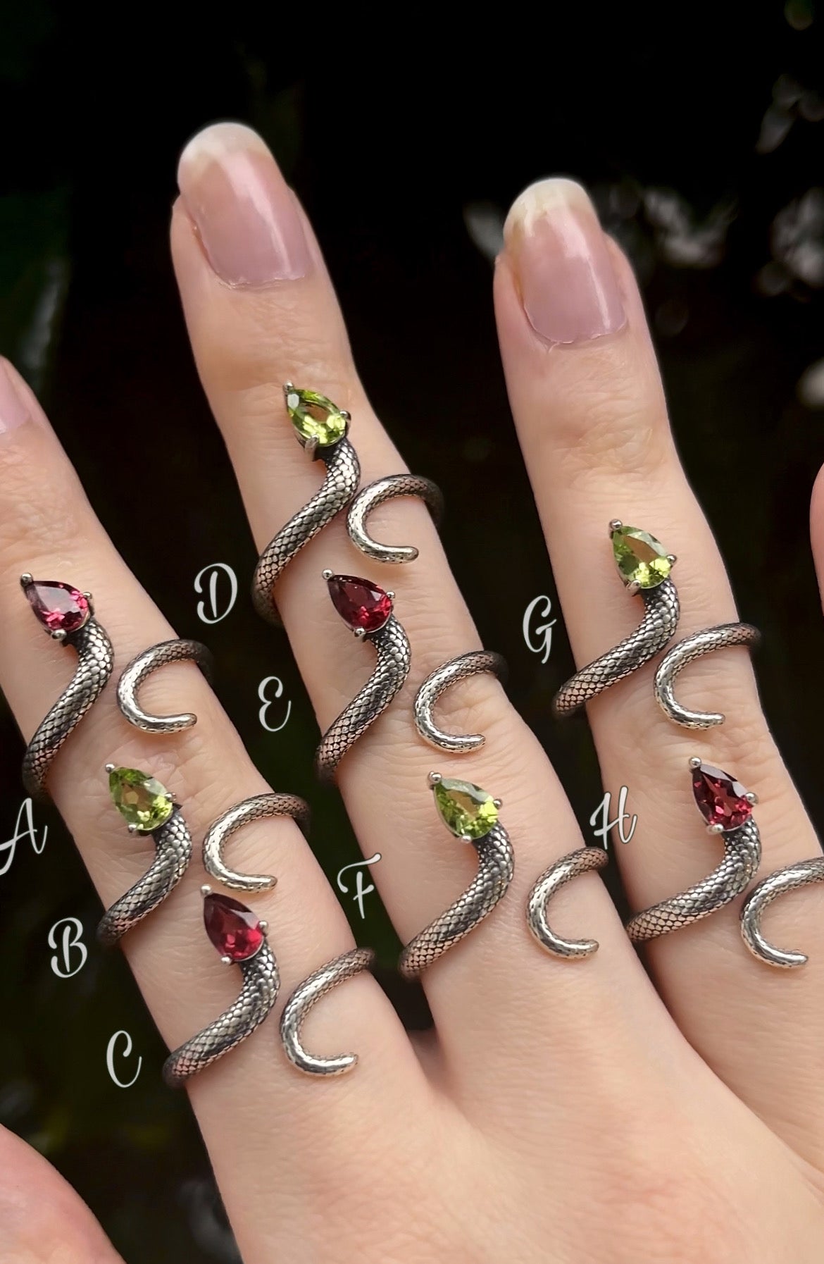 Garnet & Peridot Snake Rings ~ Special Holiday Offering!