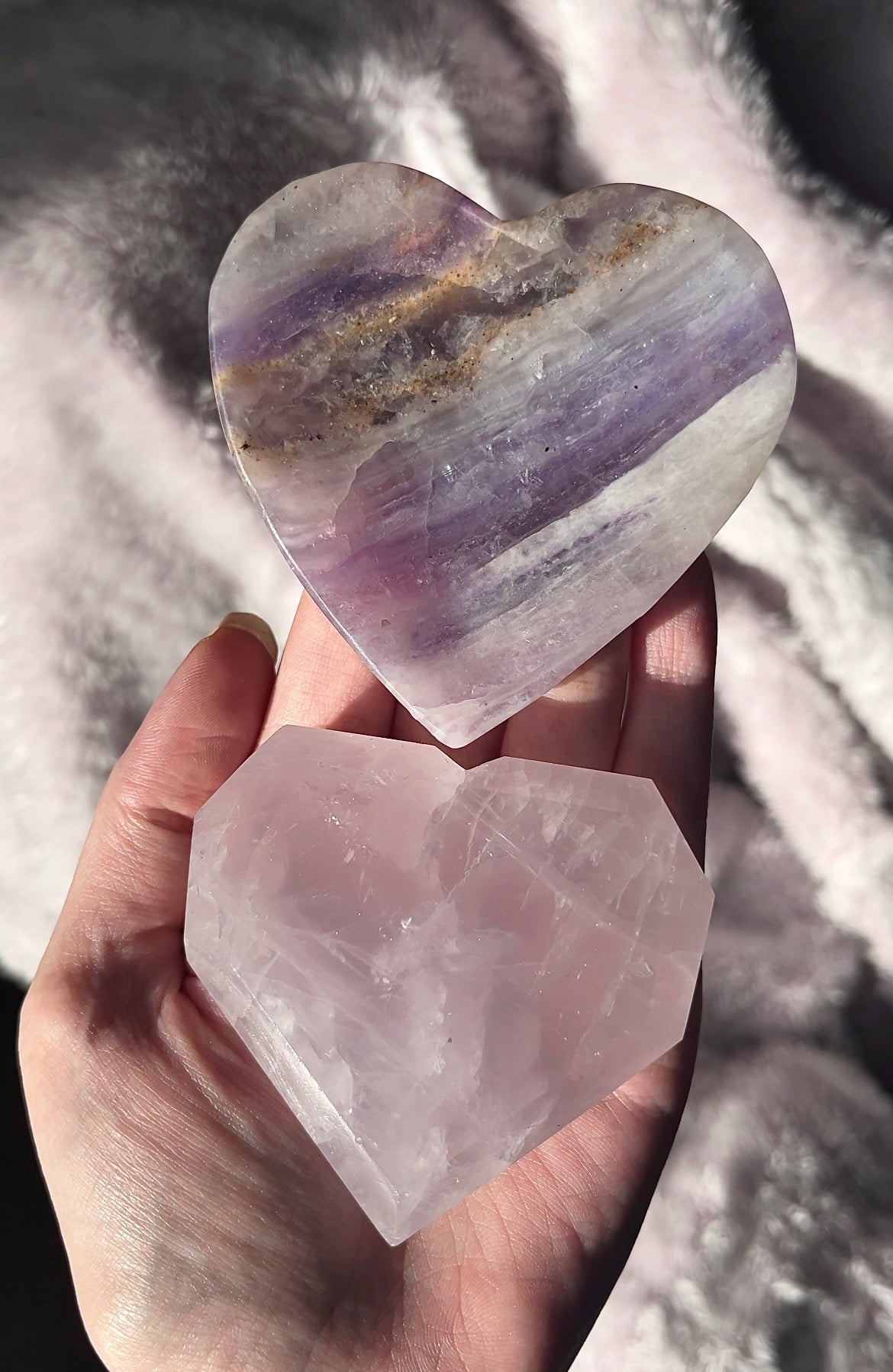 Lavender Rose Quartz Heart & Purple Fluorite Heart Bowl Duo