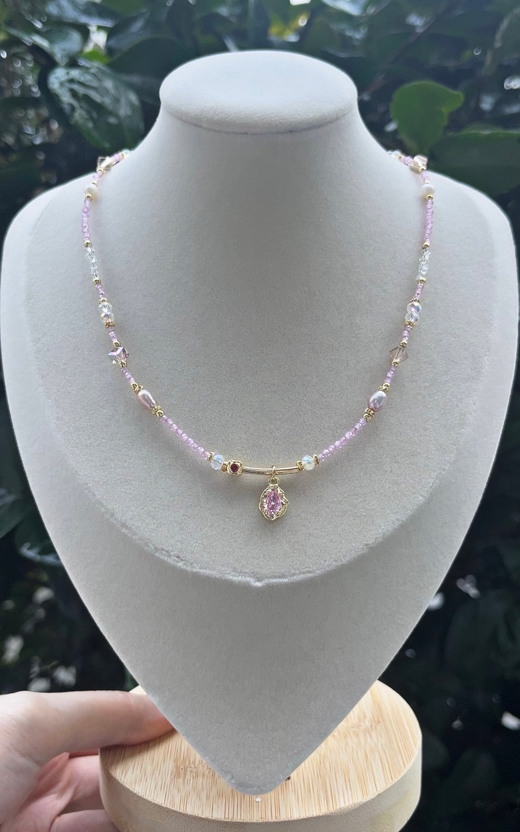 Pink Cubic Zirconia and Real Pearl Necklace