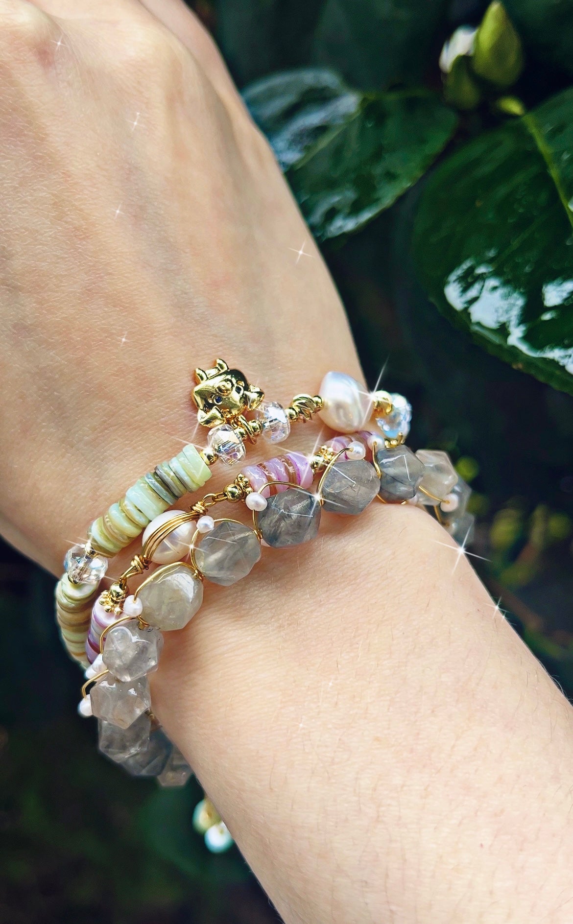 Faceted Cloudy/Milky Quartz Bracelet with Faux Pearls