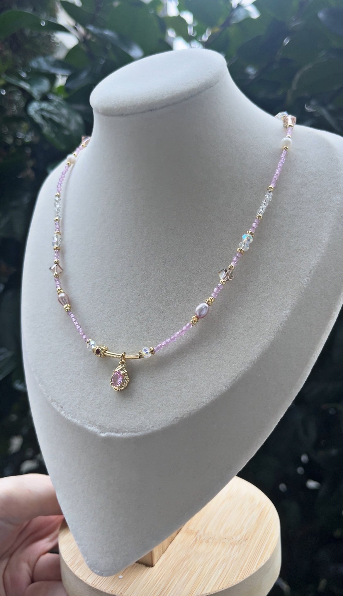 Pink Cubic Zirconia and Real Pearl Necklace