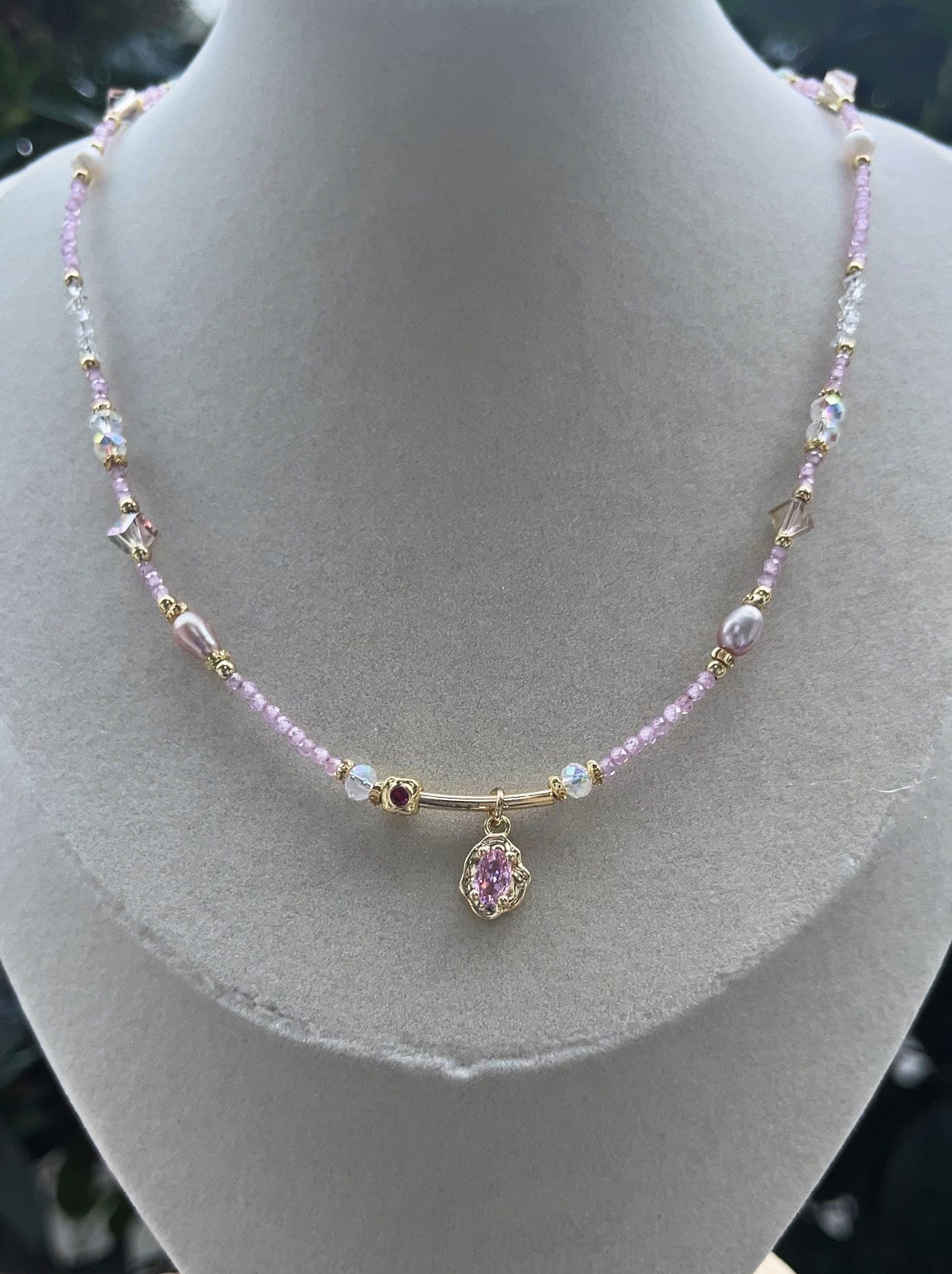 Pink Cubic Zirconia and Real Pearl Necklace