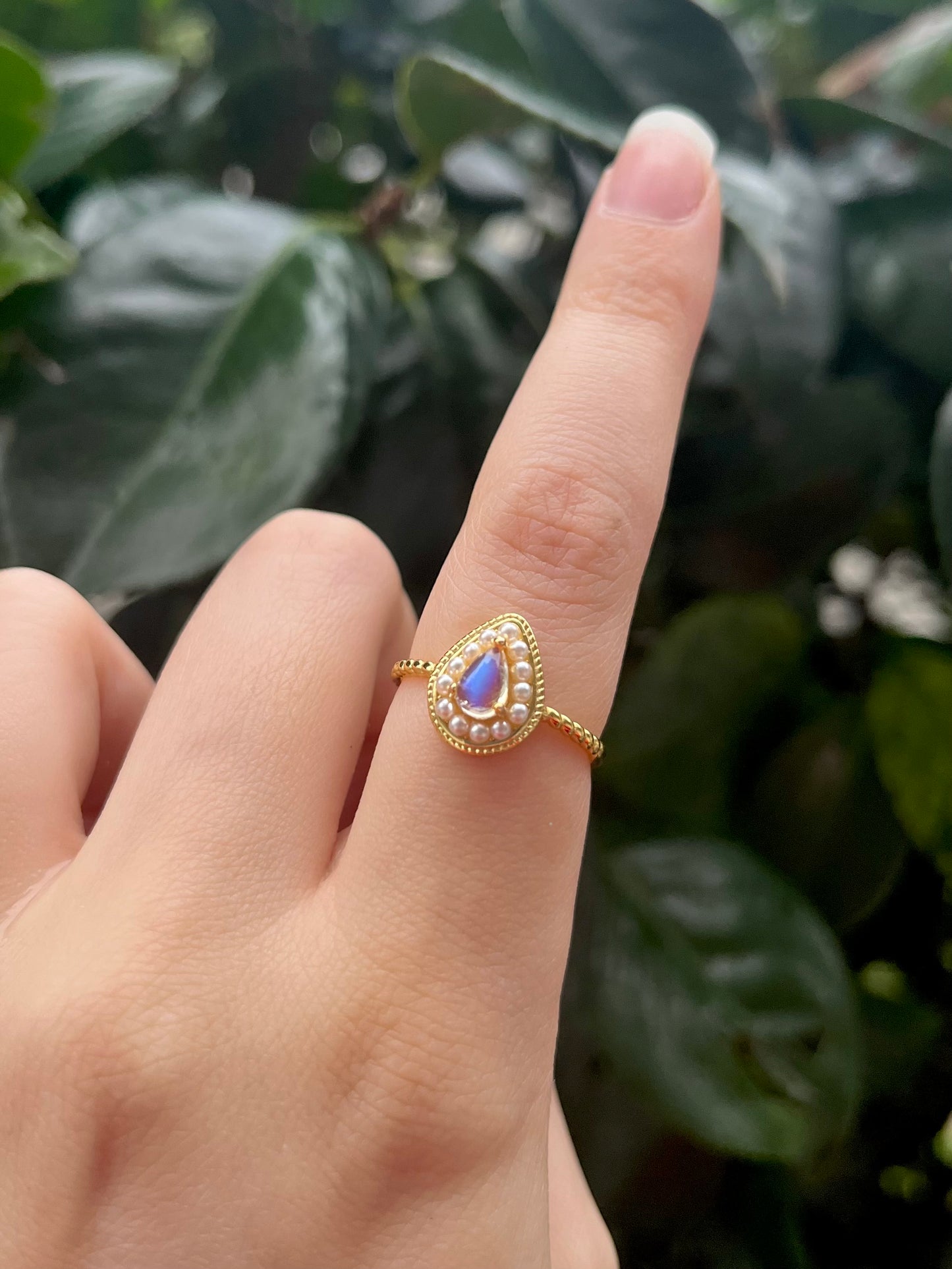 Teardrop Moonstone with faux pearl detailing